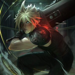 Fan art for Cloud Strife from Final Fantasy VII crouches with his enormous Buster Sword, wearing black combat clothing and metal shoulder armor. His spiky blond hair and glowing blue eyes contrast with dramatic red and green lighting.