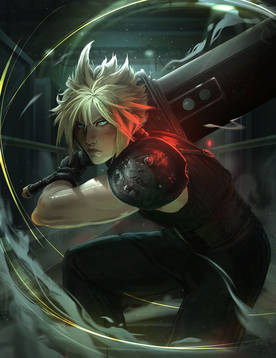 Fan art for Cloud Strife from Final Fantasy VII crouches with his enormous Buster Sword, wearing black combat clothing and metal shoulder armor. His spiky blond hair and glowing blue eyes contrast with dramatic red and green lighting.