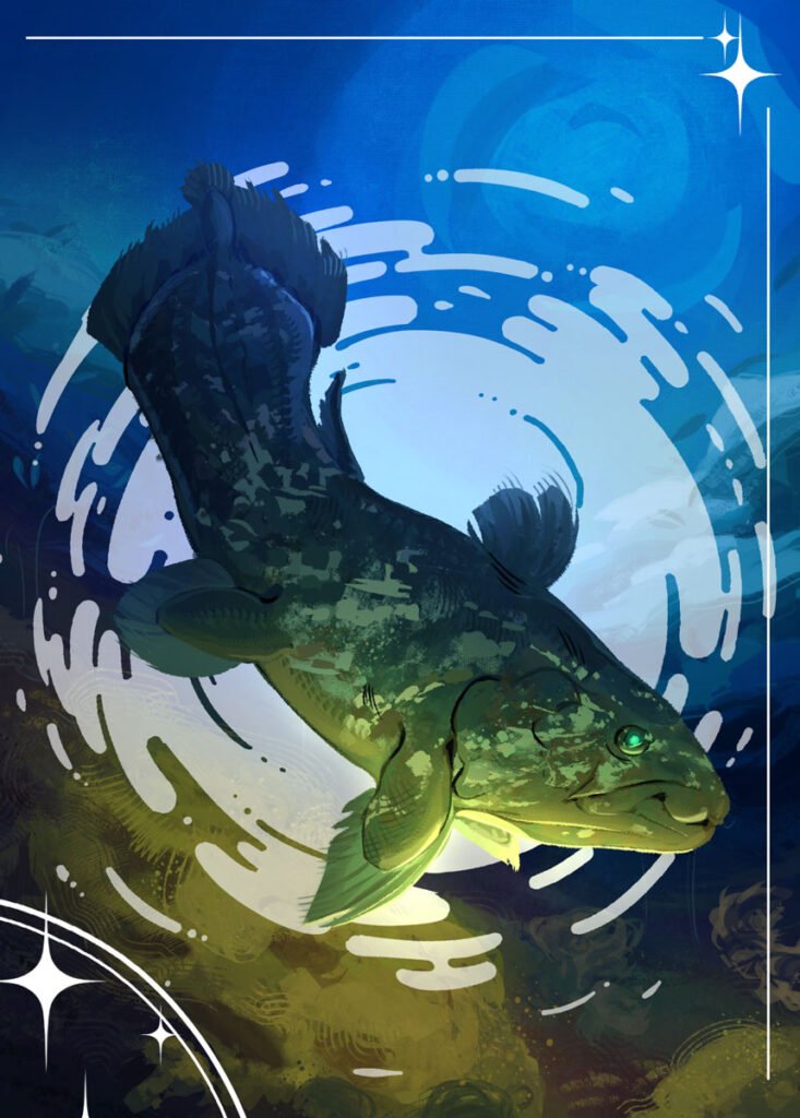 Digital illustration of a prehistoric coelacanth fish in mottled emerald green and navy blue, with broad textured fins and a glowing turquoise eye, surrounded by swirling white water against a deep blue background.