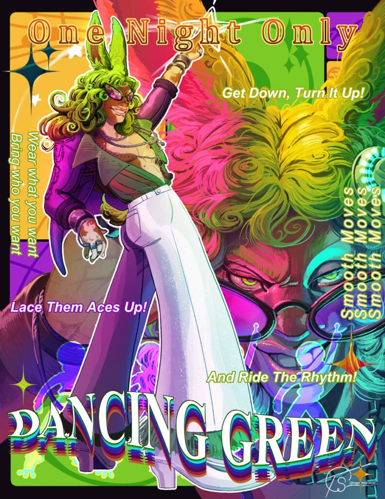 Vibrant “Dancing Green” poster featuring a smiling dancer with curly lime-green hair, tall animal ears, purple jacket and flowing white trousers, surrounded by psychedelic pink, yellow and green artwork.