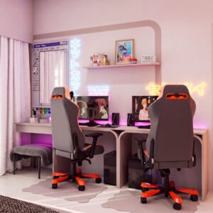 Colorful fantasy art print featuring a roller-skating character surrounded by floating food and vibrant pink, blue, and purple artwork, displayed in a light wood frame on a shelf above a dual-computer gaming desk. Soft pink lighting, Japanese neon signs, and black-and-orange gaming chairs complete the room.