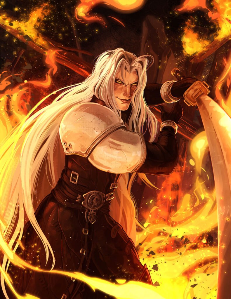 Sephiroth from Final Fantasy VII, with flowing silver-white hair, amber eyes and metallic shoulder armor, grips his long Masamune sword amid swirling orange flames and glowing embers.
