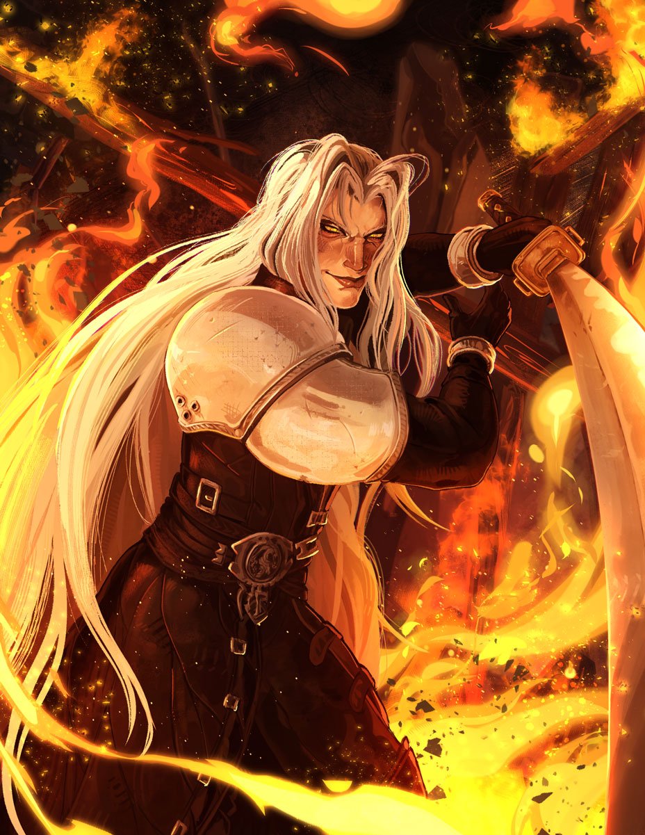 Sephiroth from Final Fantasy VII, with flowing silver-white hair, amber eyes and metallic shoulder armor, grips his long Masamune sword amid swirling orange flames and glowing embers.