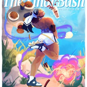 Colorful “The Final Bash” fantasy poster showing a roller-skating character with blue hair, white shorts and protective gear, surrounded by floating burgers, fries, drinks and swirling purple ribbons.