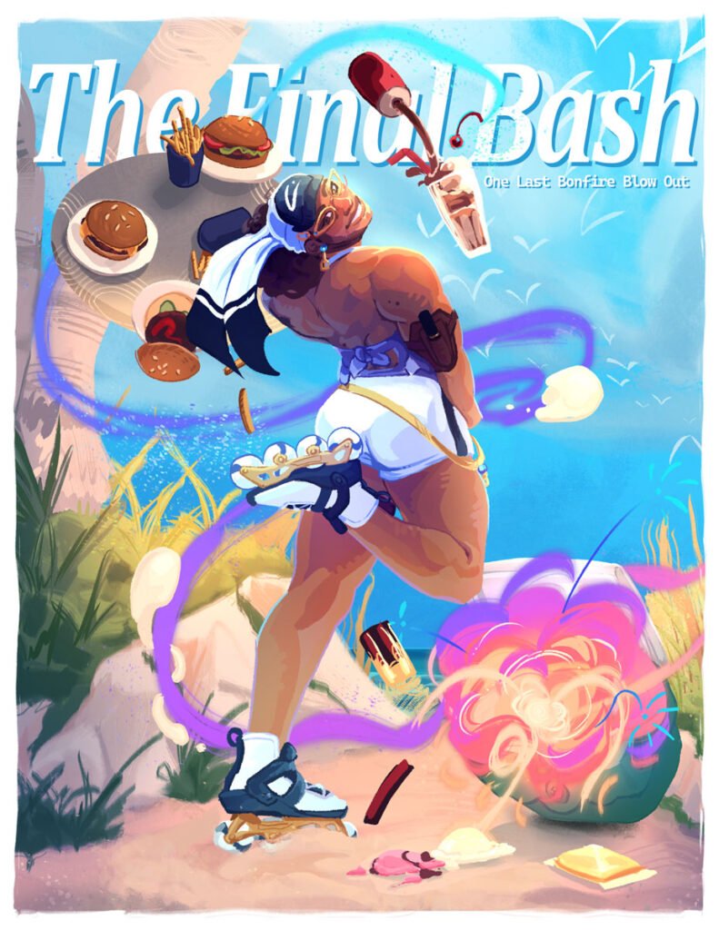 Colorful “The Final Bash” fantasy poster showing a roller-skating character with blue hair, white shorts and protective gear, surrounded by floating burgers, fries, drinks and swirling purple ribbons.
