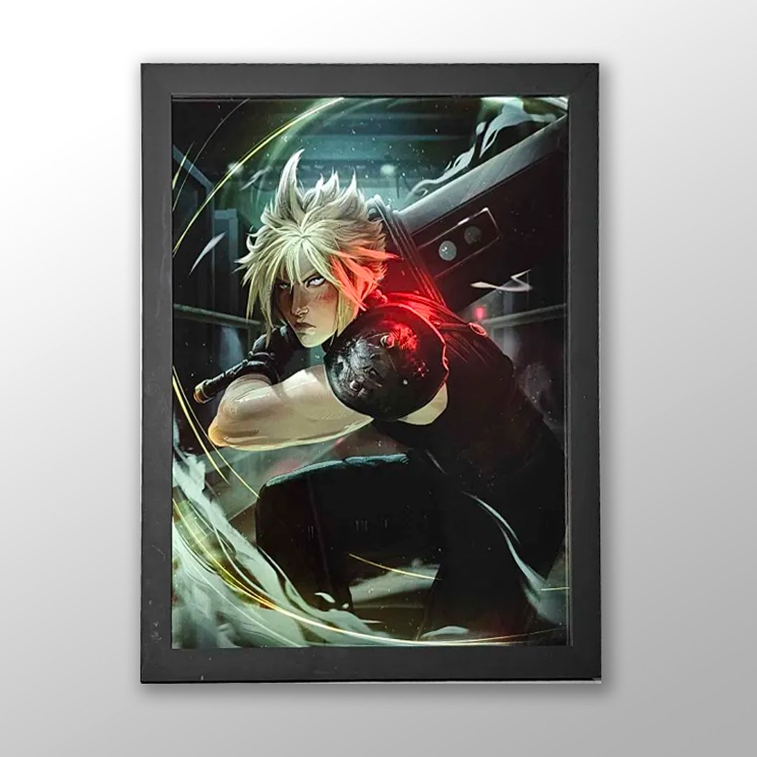 Framed Cloud Strife Print on wall.